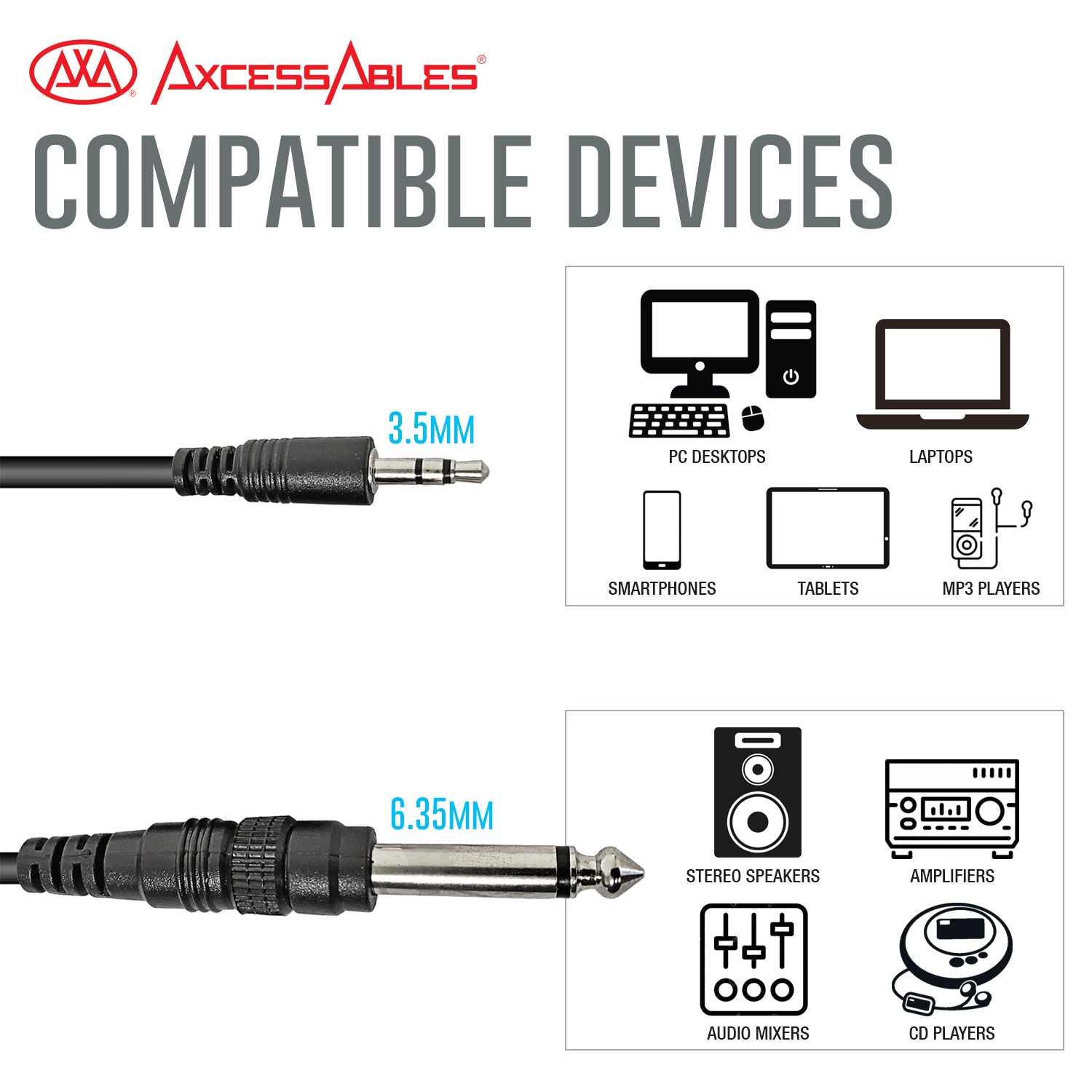 AxcessAbles 1/8 Inch TRS to 1/4 Inch TS Instrument Cable 10ft | 3.5mm Minijack Male to 6.35mm Male Jack Stereo Audio Cord | 10ft TRS to TS Patch Cable