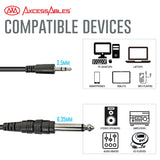 AxcessAbles 1/8 Inch TRS to 1/4 Inch TS Instrument Cable 10ft - 6 Pack | 3.5mm Minijack Male to 6.35mm Male Jack Stereo Audio Cord | 10ft TRS to TS Patch Cables (6-Pack)