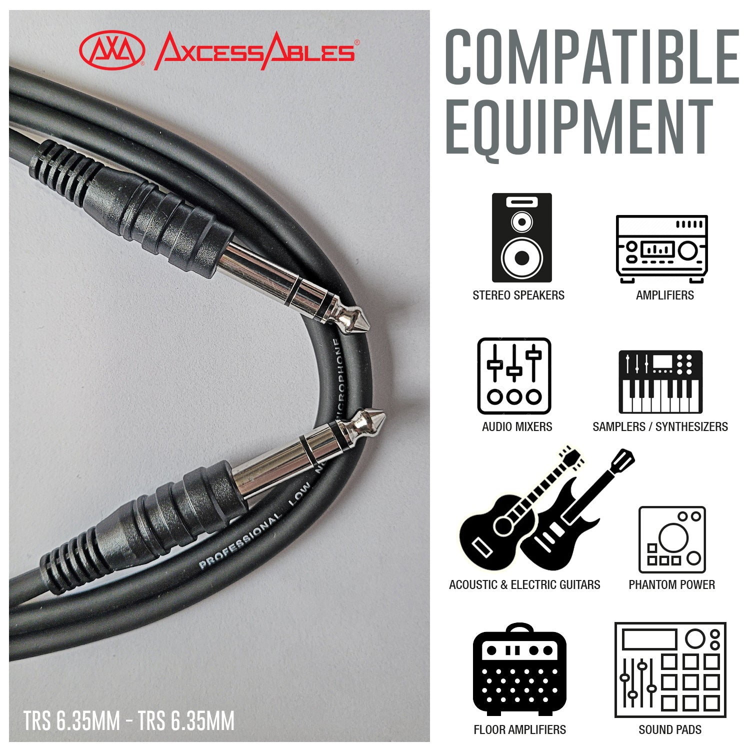 AxcessAbles 1/4 Inch TRS Instrument Cable 10ft - 6 Pack | 6.35mm Male Jack Stereo Audio Cord | 10ft TRS to TRS Balanced Patch Cables (6-Pack)