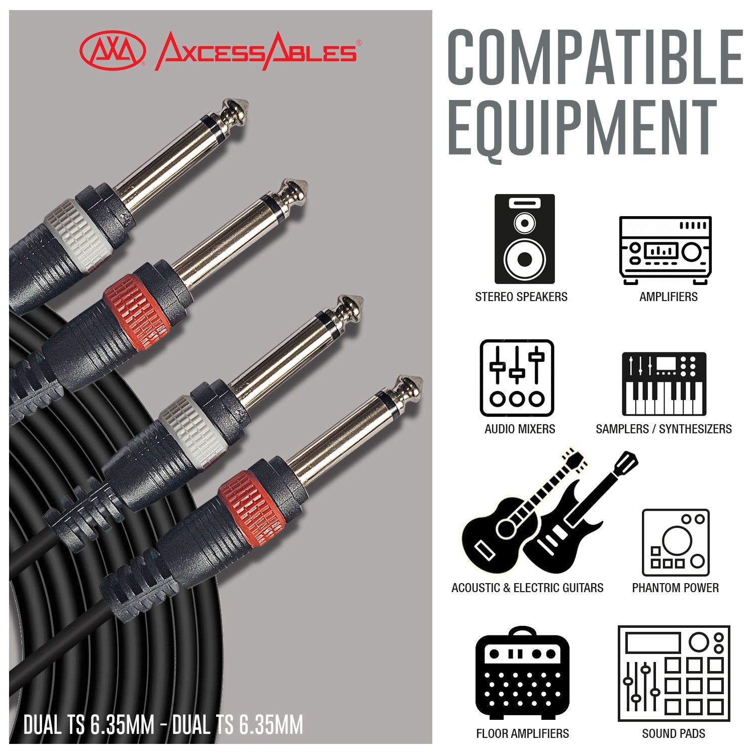 AxcessAbles Dual 1/4 Inch TS Audio Patch Cable 6ft - 2 Pack | 6.35mm Male  Jack Stereo Audio Cord | 6ft Dual TS to TS Unbalanced Patch Cables (2-Pack)