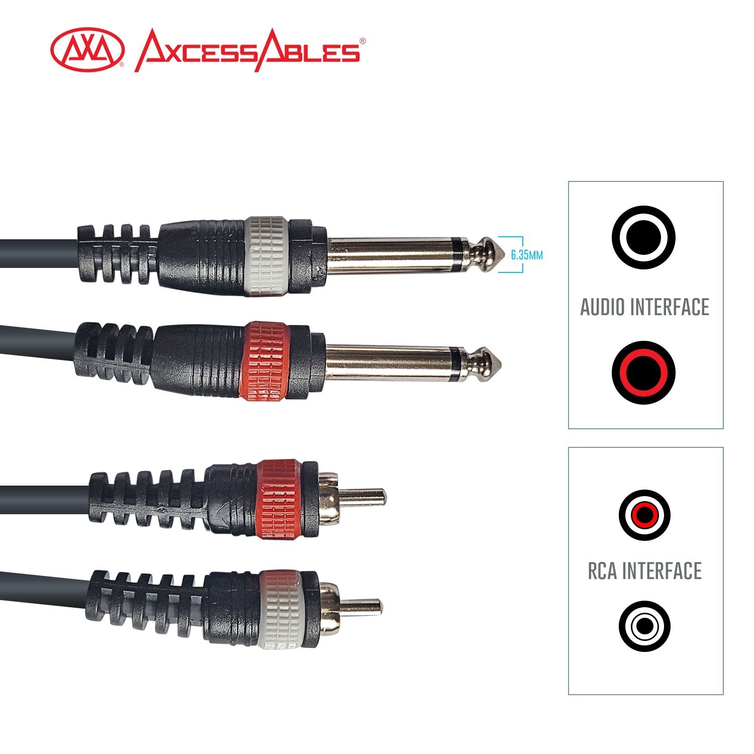 AxcessAbles Dual 1/4 Inch TS to Dual RCA Audio Interconnect Cable 10ft - 2 Pack | Dual 6.35mm Male Jack to Dual RCA | 10ft DTRS to DRCA Unbalanced Patch Cables (2-Pack)