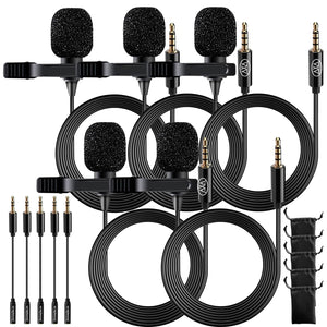 AxcessAbles Lavalier Clip-On Microphone with 5ft TRRS 3.5mm Cable and Adapter - 5 Pack | Omnidirectional Condenser Lapel Microphone for Audio Recording| AxcessAbles Lav Mic (5 Lav Mics)