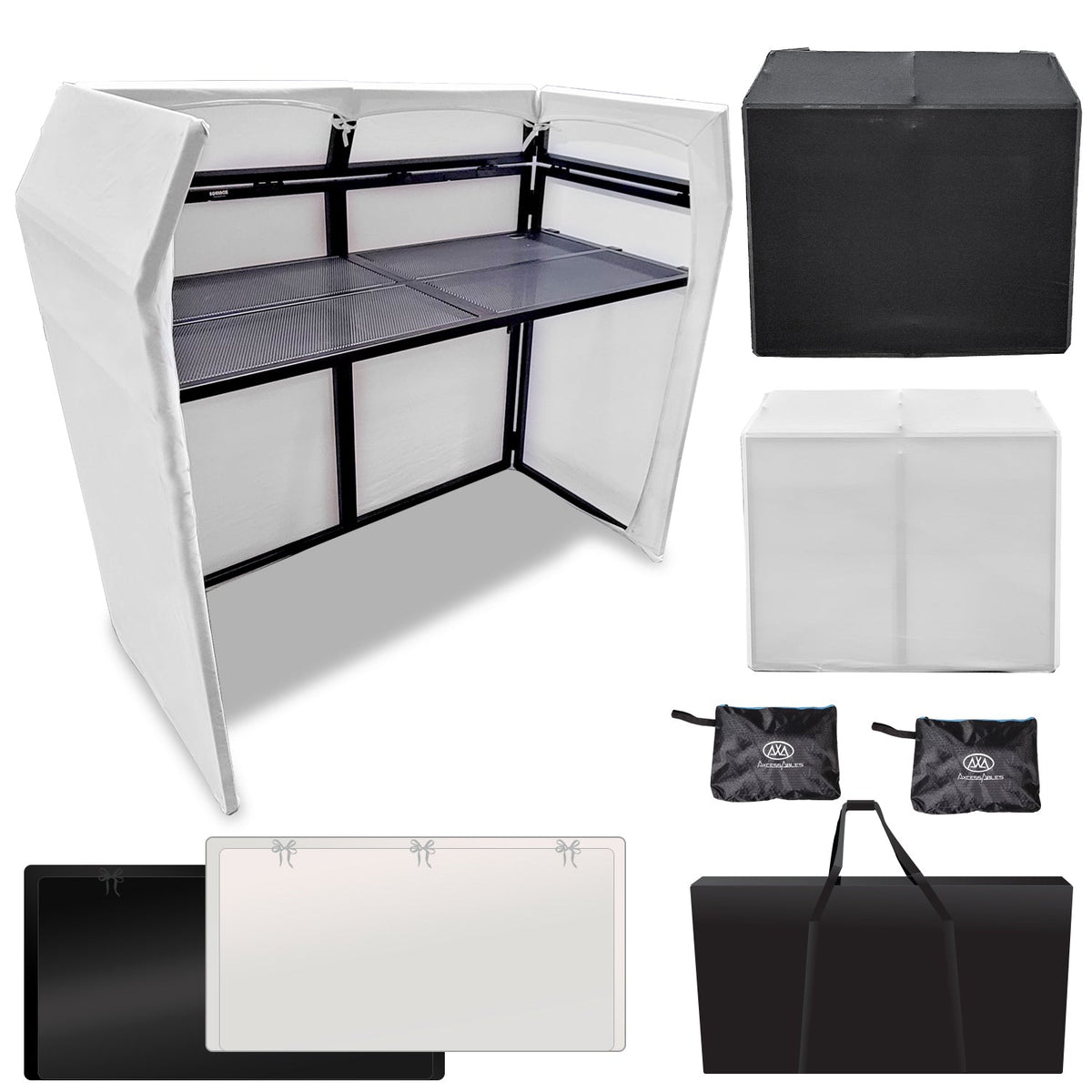 AxcessAbles DJ Booth XL Portable DJ Facade Booth Table with Black and White Scrims, Carry Cases | Standing DJ Booth | DJ Controller Stand | Recording Mixer Stand| DJ Booth XL