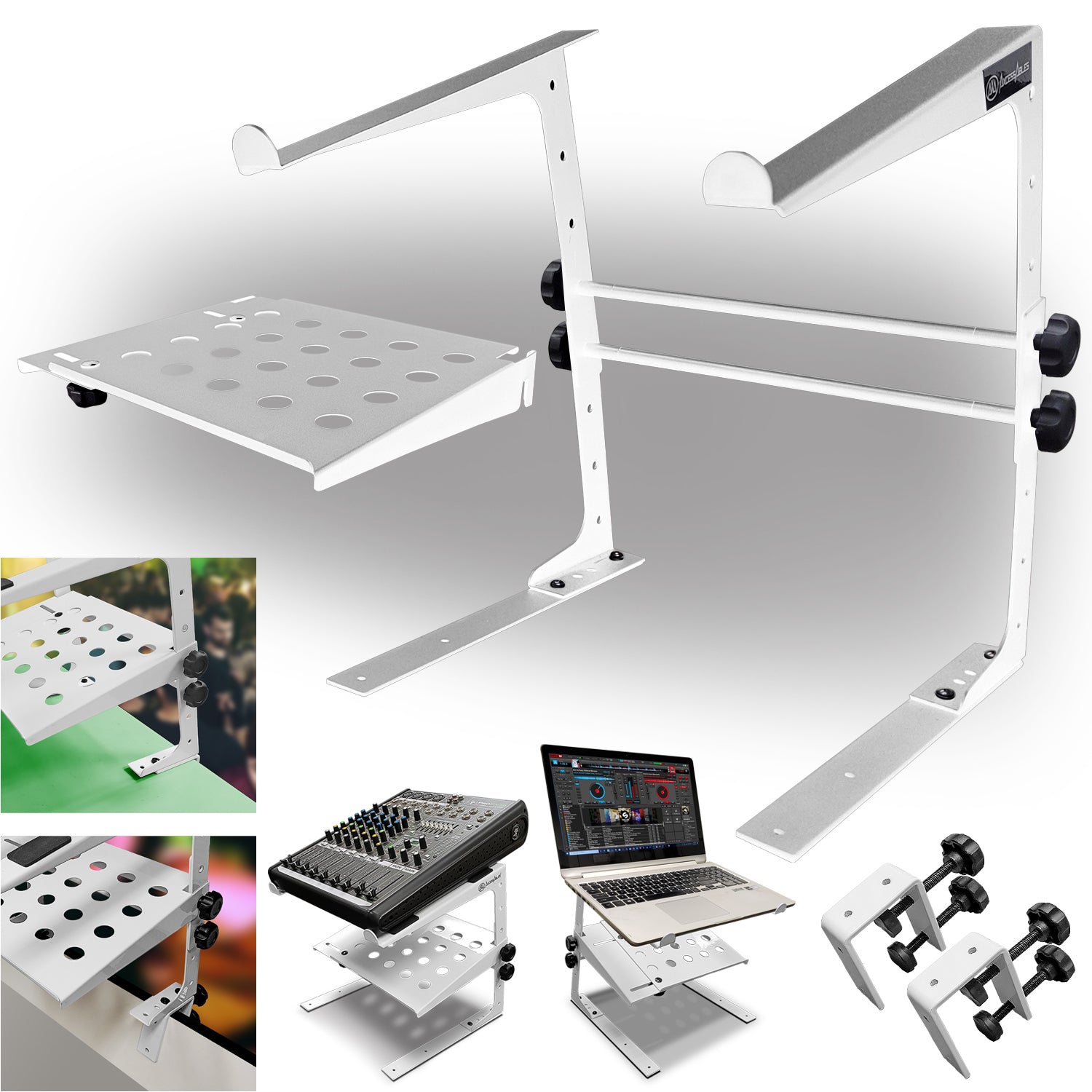 AxcessAbles Two-Tier Adjustable DJ Stand with Clamps | for DJ Controllers and Laptops up to 20lbs.| DJ Controller Stand Compatible with DDJ-REV1, DDJ-FLX4, Party Mix | DJ Laptop Stand (LTS-03 White)