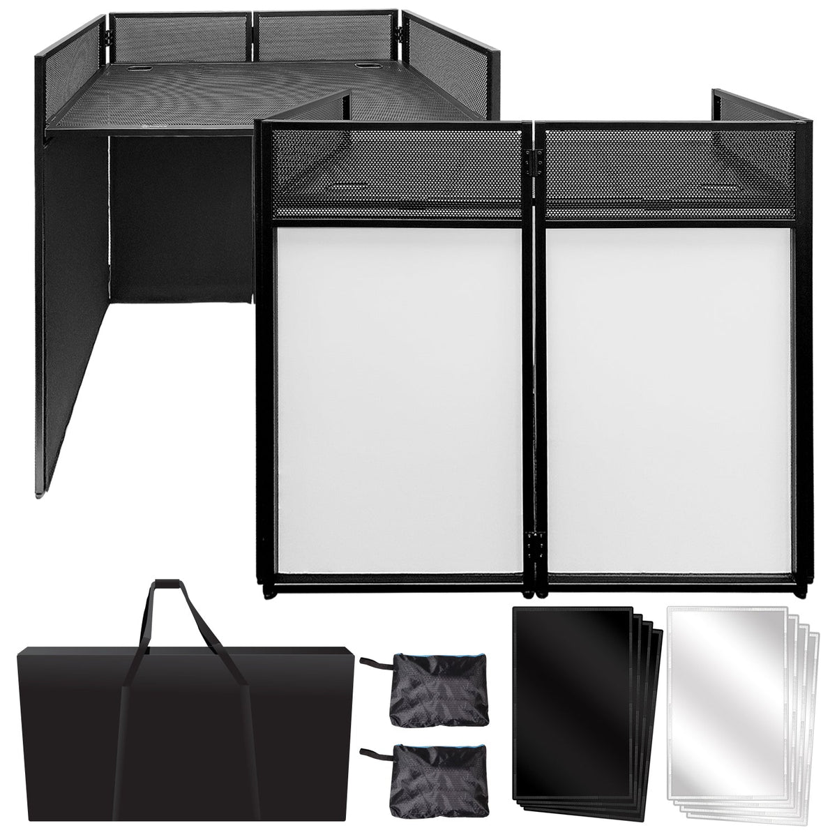 AxcessAbles Portable DJ Facade Booth Table with Black and White Scrims, Carry Cases | Standing DJ Booth - 40 x 20 | DJ Controller Stand | Recording Mixer Stand| DJ Facade for Lights (ES-01)