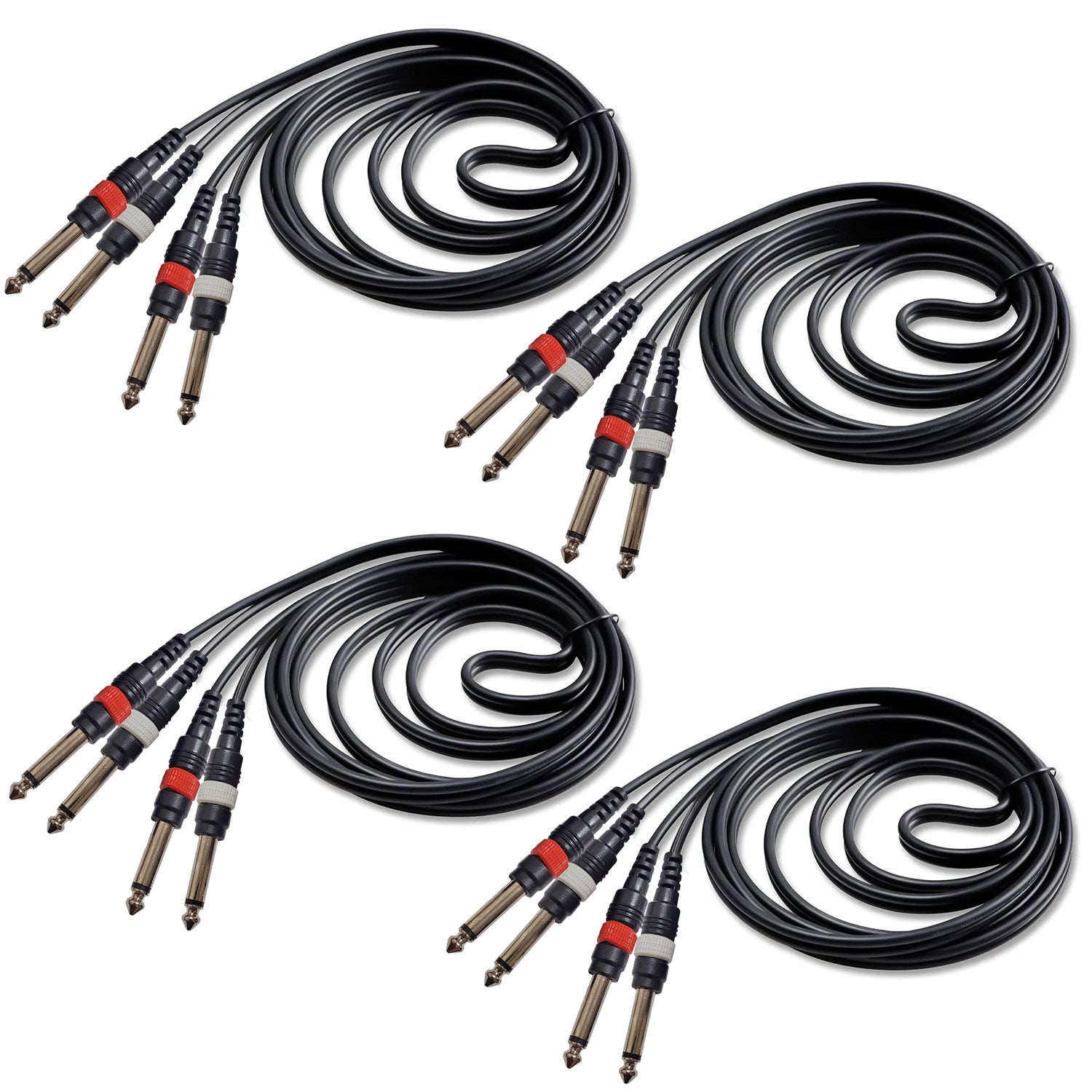AxcessAbles Dual 1/4 Inch TS Audio Patch Cable 6ft - 4 Pack | 6.35mm Male Jack Stereo Audio Cord | 6ft Dual TS to TS Unbalanced Patch Cables (4-Pack)