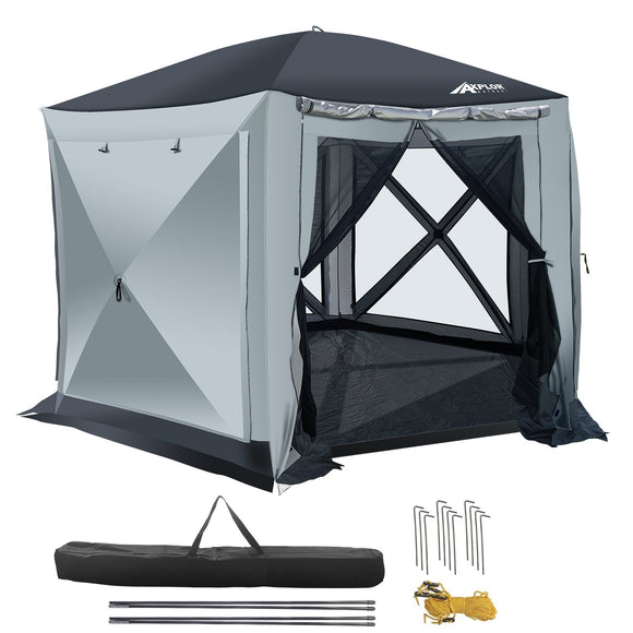 AxplorOutdoor NOMAD Rapid Tent 11.8ft x 11.8ft Hexagon Multi-Seasonal, Portable Pop-up Canopy with ATTACHEABLE Floor and Built-in Privacy Wind Panels (Grey/Silver) - Open Box