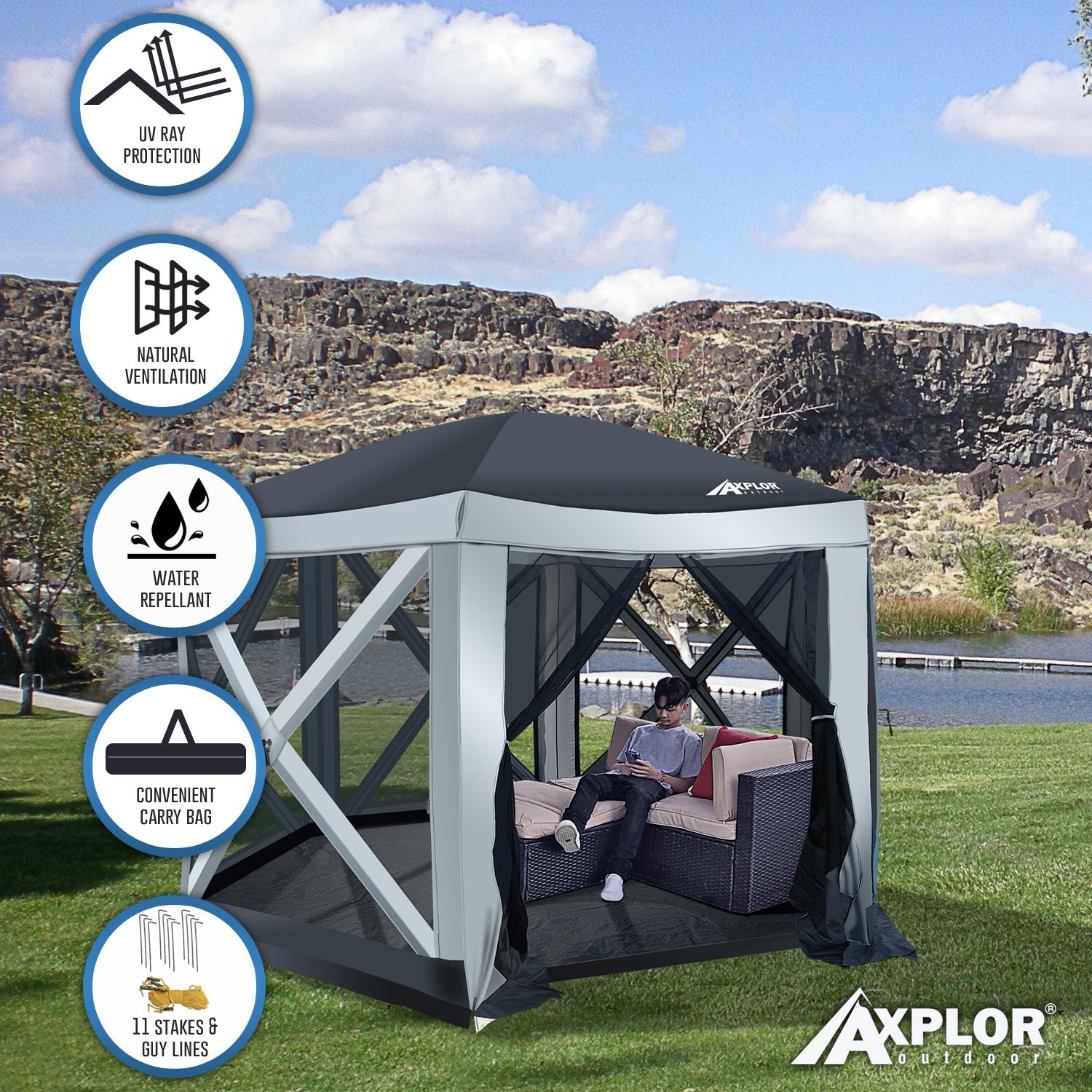 AxplorOutdoor SUMMERLIN Rapid Tent 11.8ft x11.8ft Hexagon Standing Height Portable Pop-Up Canopy with ATTACHABLE BATHTUB STYLE WATERPROOF FLOOR (8-10 Adults) - Open Box