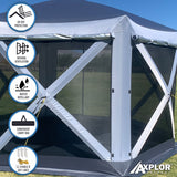 AxplorOutdoor NOMAD Rapid Tent 11.8ft x 11.8ft Hexagon Multi-Seasonal, Portable Pop-up Canopy with ATTACHEABLE Floor and Built-in Privacy Wind Panels (Grey/Silver) - Open Box