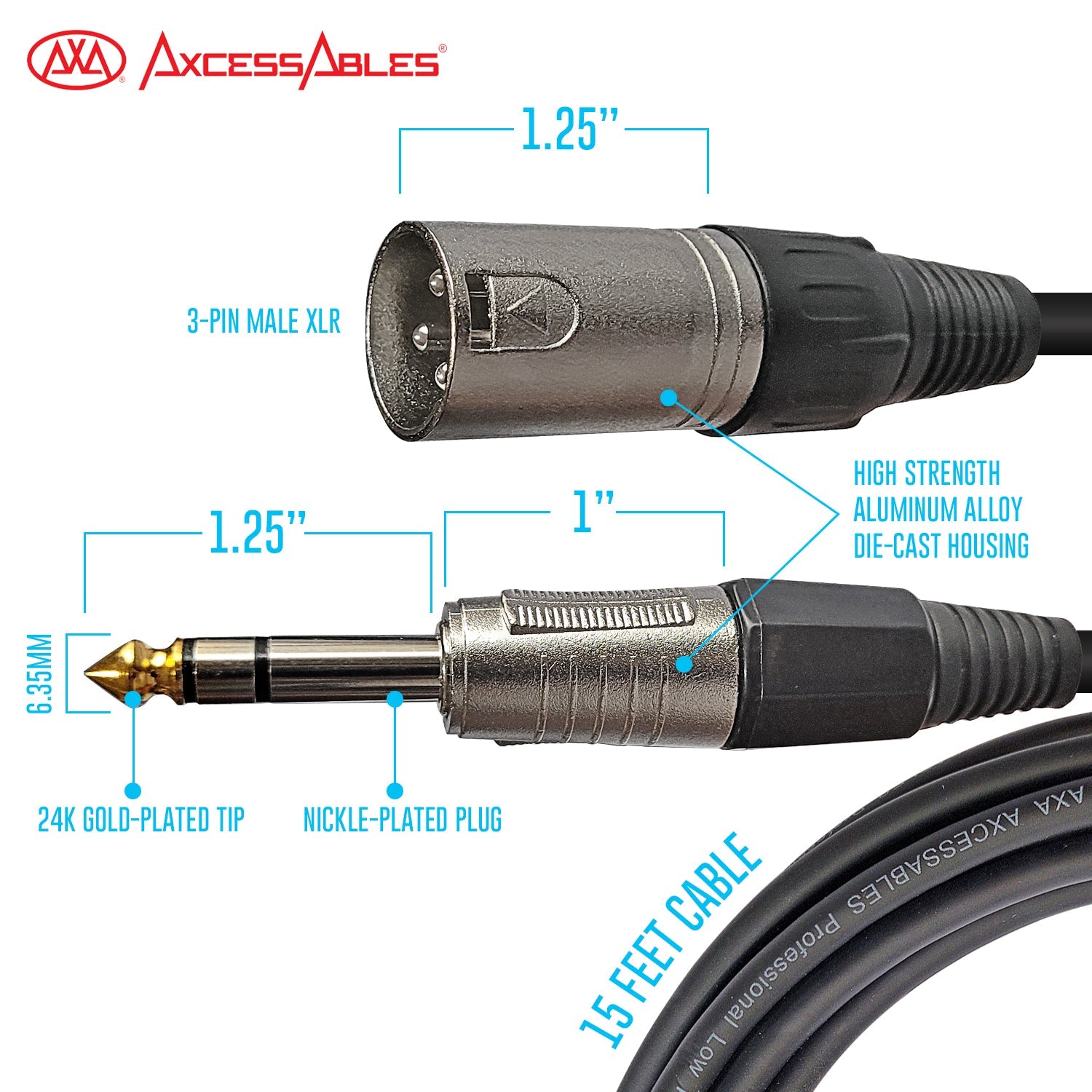 AxcessAbles 15ft Long 1/4 inch TRS to XLR Male Balanced Audio Cable | US Based Co. | Quarter Inch Stereo to XLR Male Audio| 6.35mm TRS to XLR Cable 15ft Cable for Mixers, Studio Speakers, Interfaces (6-Pack)