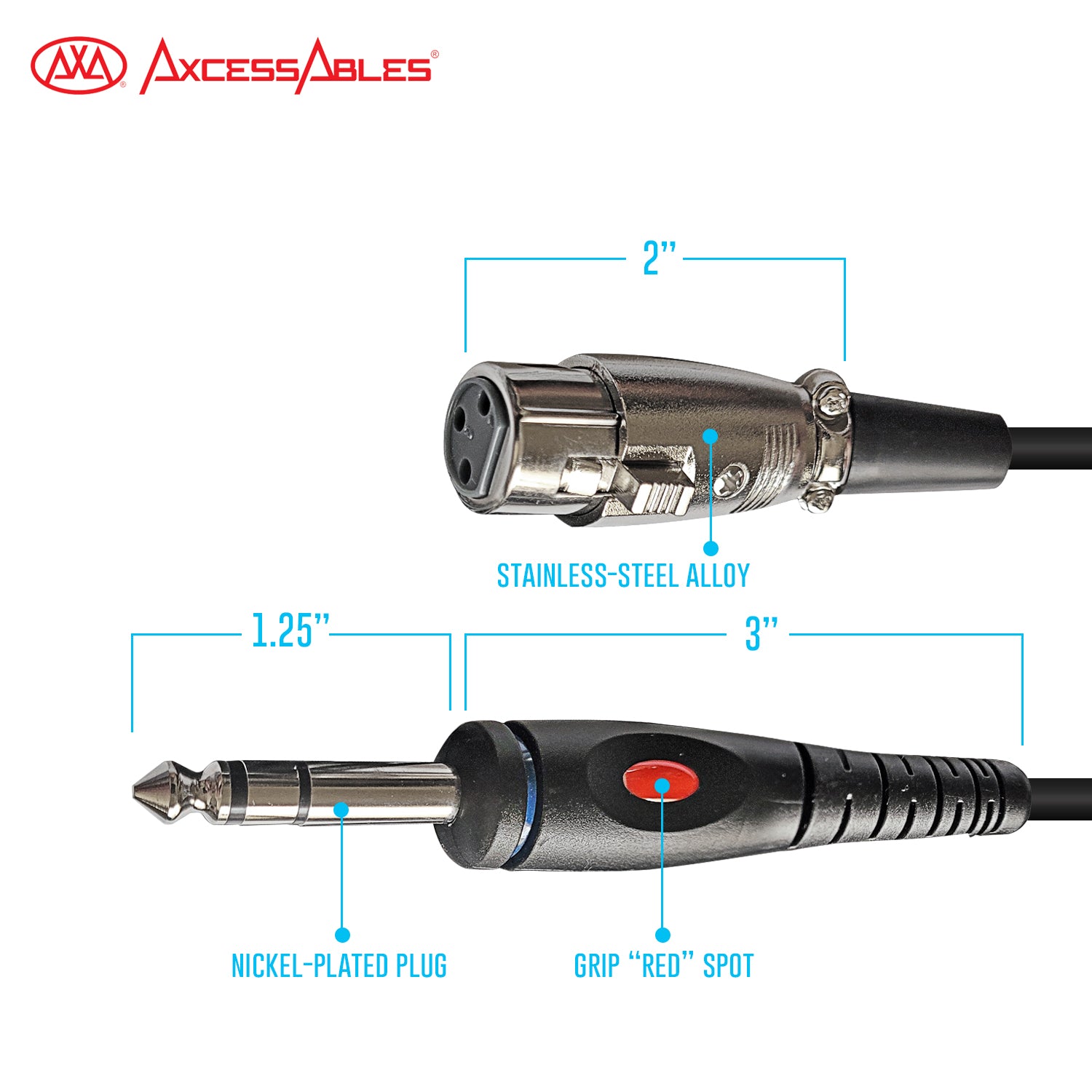 AxcessAbles XLR to 1/4 Inch TRS Instrument Cable 10ft | XLR Female to 6.35mm Male Jack Stereo Audio Cord | 10ft XLR to TRS Balanced Patch Cables