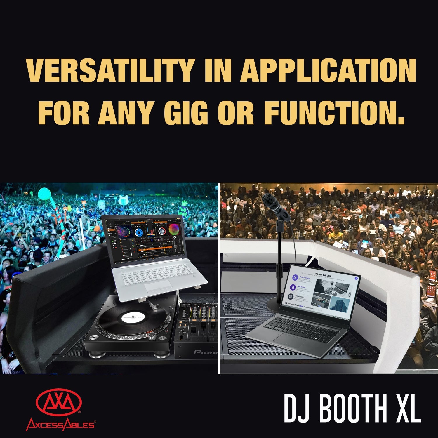 AxcessAbles DJ Booth XL Portable DJ Facade Booth Table with Black and White Scrims, Carry Cases | Standing DJ Booth | DJ Controller Stand | Recording Mixer Stand| DJ Booth XL