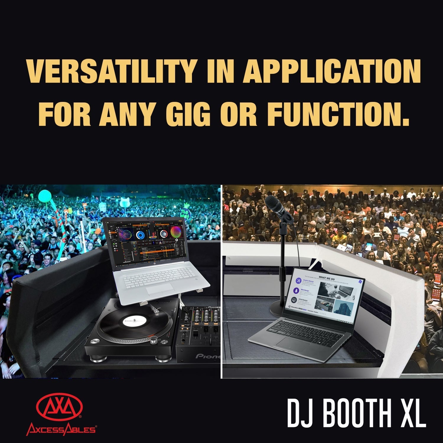 AxcessAbles DJ Booth XL Portable DJ Facade Booth Table with Black and White Scrims, Carry Case | 58" x 29" x 52" | DJ Mixer Stand - Open Box
