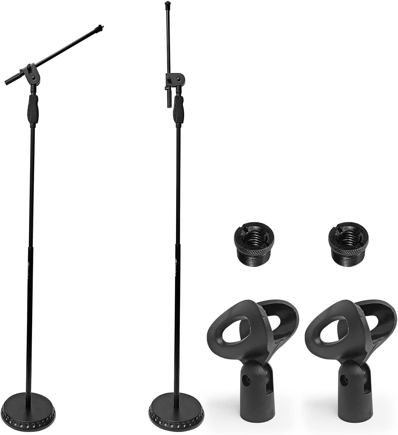 AxcessAbles One Hand Microphone Stand with Weighted Heavy Round Base and Quick Grip Height Adjustment - Telescoping Mic Boom Arm Included. Tall Microphone Stand for Singing (MS-201RB) (2-Pack)