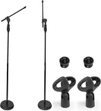 AxcessAbles One Hand Microphone Stand with Weighted Heavy Round Base and Quick Grip Height Adjustment - Telescoping Mic Boom Arm Included. Tall Microphone Stand for Singing (MS-201RB) (2-Pack)