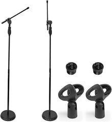 AxcessAbles One Hand Microphone Stand with Weighted Heavy Round Base and Quick Grip Height Adjustment - Telescoping Mic Boom Arm Included. Tall Microphone Stand for Singing (MS-201RB) (2-Pack)