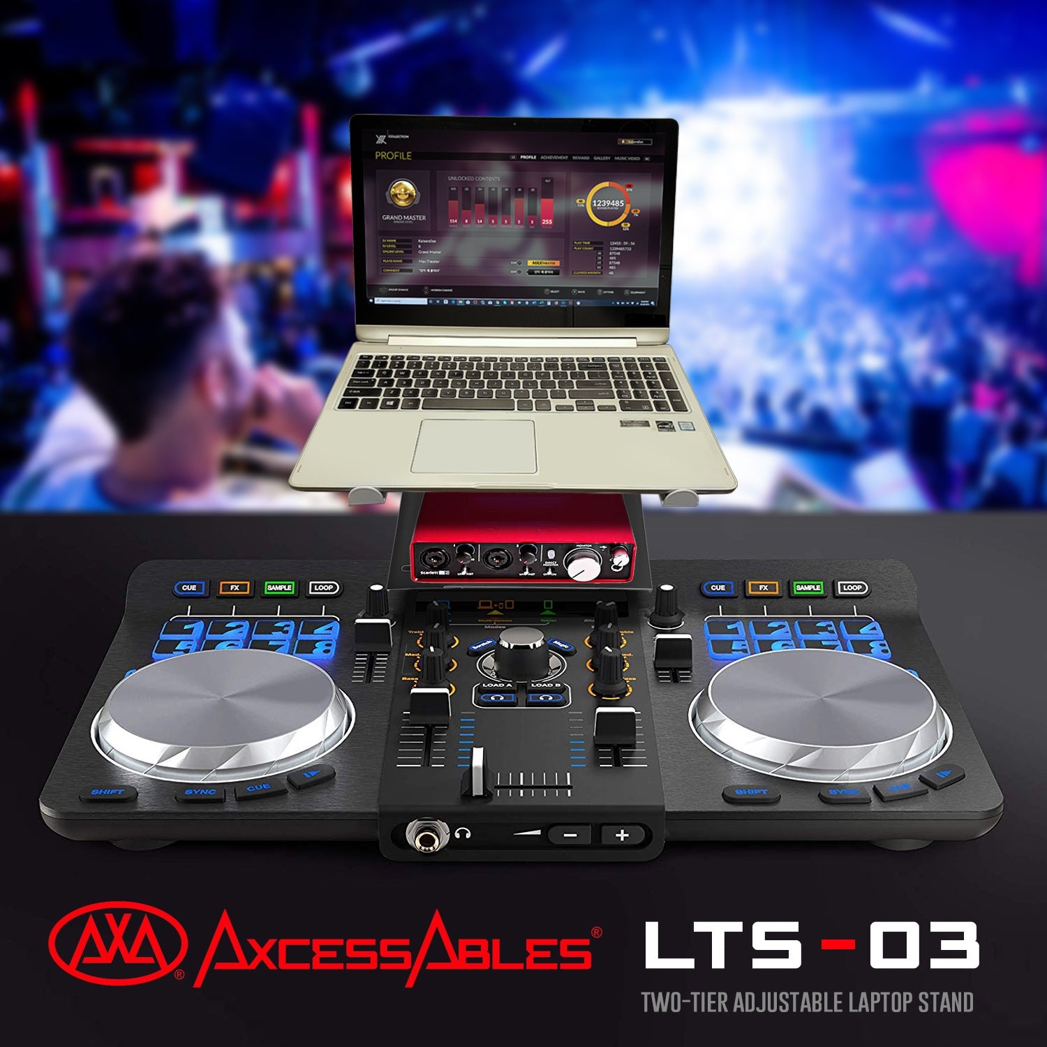 AxcessAbles Two-Tier Adjustable DJ Stand with Clamps | For DJ Controllers, Music Mixers, Laptops up to 20lbs.| DJ Controller Stand Compatible with DDJ-REV1, DDJ-FLX4 | DJ Laptop Stand (LTS-03 Black)