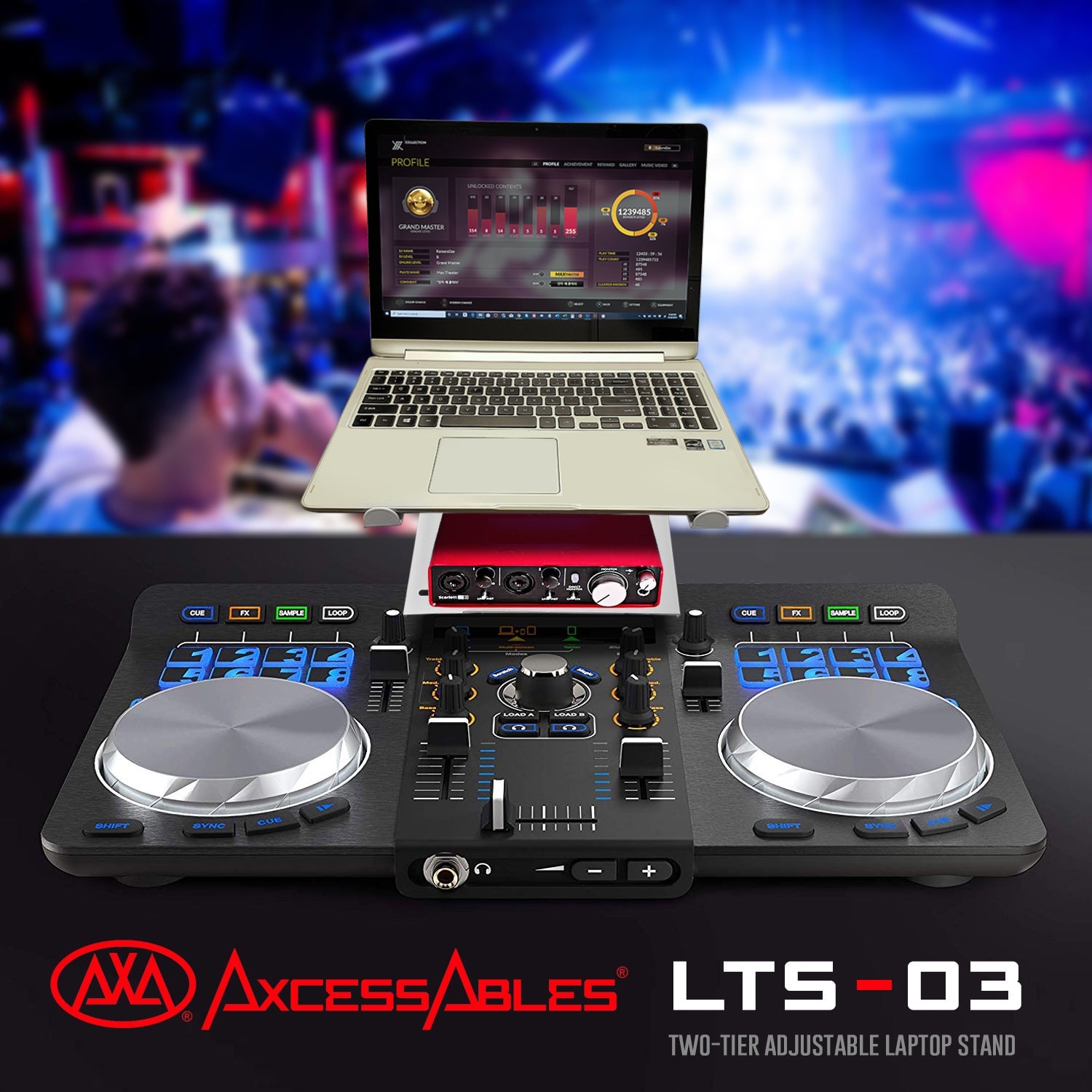AxcessAbles Two-Tier Adjustable DJ Stand with Clamps | for DJ Controllers and Laptops up to 20lbs.| DJ Controller Stand Compatible with DDJ-REV1, DDJ-FLX4, Party Mix | DJ Laptop Stand (LTS-03 White)